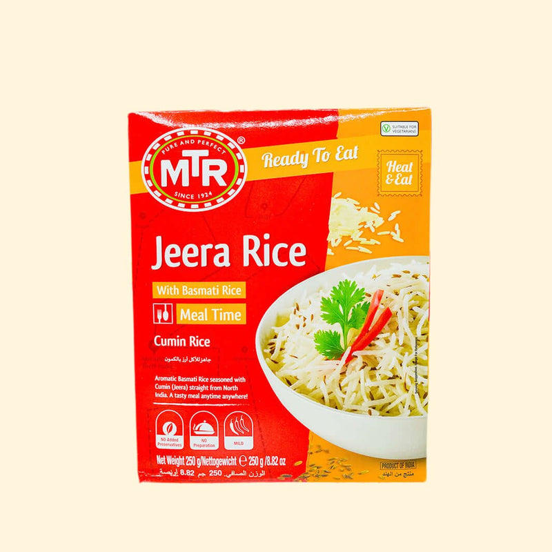 MTR Jeera Rice is a high-quality Indian grain, known for its aromatic flavor and texture. This product is 100% vegetarian and naturally gluten-free. The 250g packet is the perfect size for a family meal, for up to four servings. Enjoy the fresh and intense flavor of MTR Jeera Rice for a delicious meal.