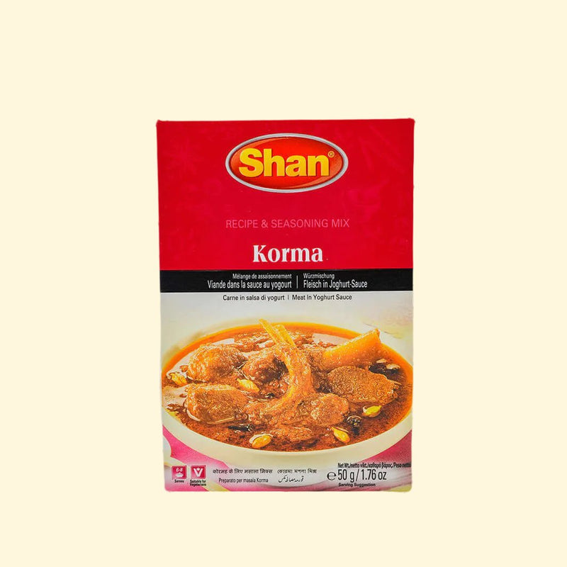 Shan Korma 50g is a blend of aromatic spices and herbs, specially crafted to deliver a unique flavor that can elevate any dish. This gluten-free blend of cumin, turmeric, Clove, and other spices are sure to give your food a delicious twist. Create an unforgettable flavor that will surely be the highlight of any meal. 