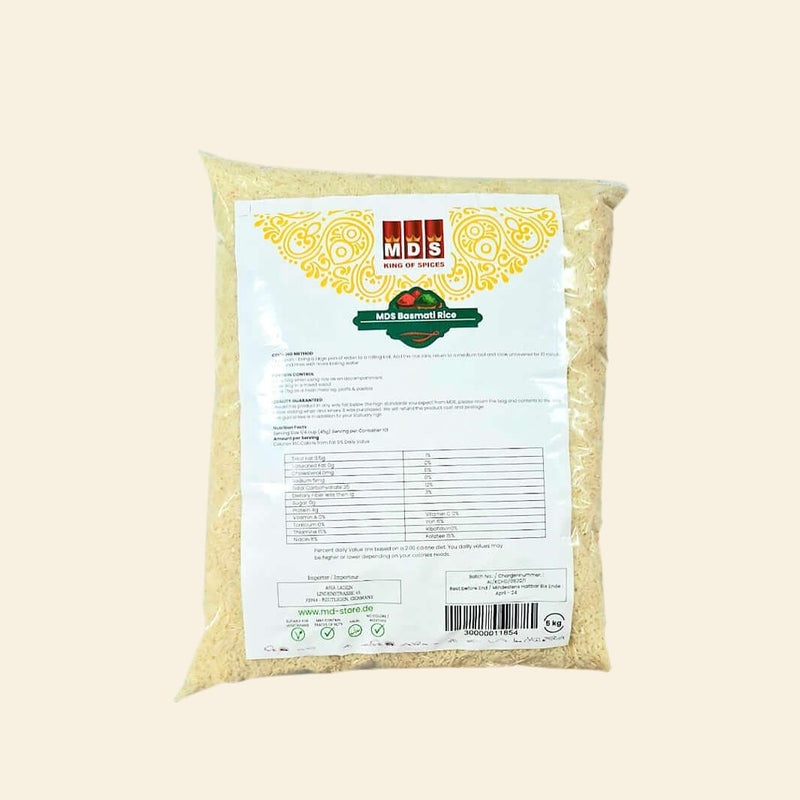 Our MDS Basmati Rice comes in a 5Kg package, offering a premium-quality product for an unbeatable price. This aromatic long-grained rice has a delightful flavor and texture that is sure to please. It is the perfect choice for a variety of recipes.