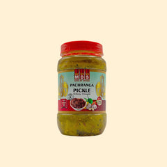  MDS Pachranga Pickle is a tangy, sour-sweet pickle made with natural ingredients. Enjoy the authentic flavor of a blend of mangoes, lemons, onions, tomatoes and spices. Perfect for adding a zing to your next meal, this pickle is sure to tantalize your taste buds.