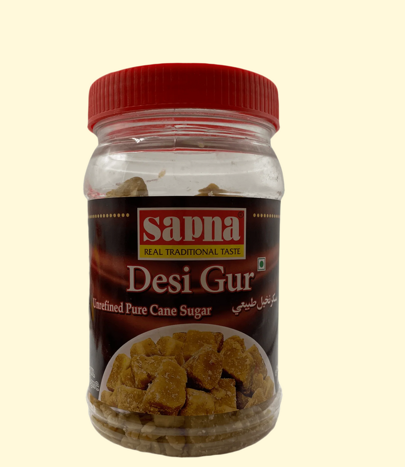 Sapna Desi Gur is an unrefined, dark brown sugar made from sugarcane or palm sap. Enjoy the distinct flavour and natural nutrient content of Sapna Desi Gur 500g in your favourite recipes. 