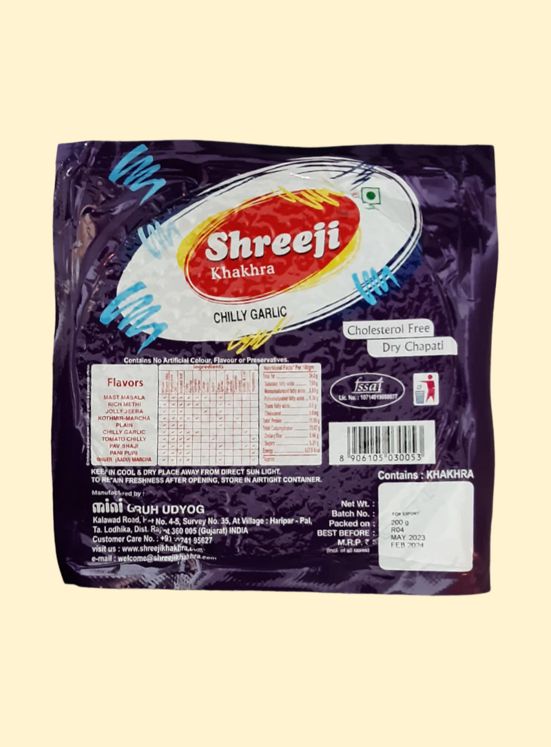 Spice up your snacks with Shreeji Khakhra chilli garlic! This 200g pack is full of flavor and heat, so you can enjoy each bite with a little extra zing. The perfect way to add some sizzle to your snacking! 🌶