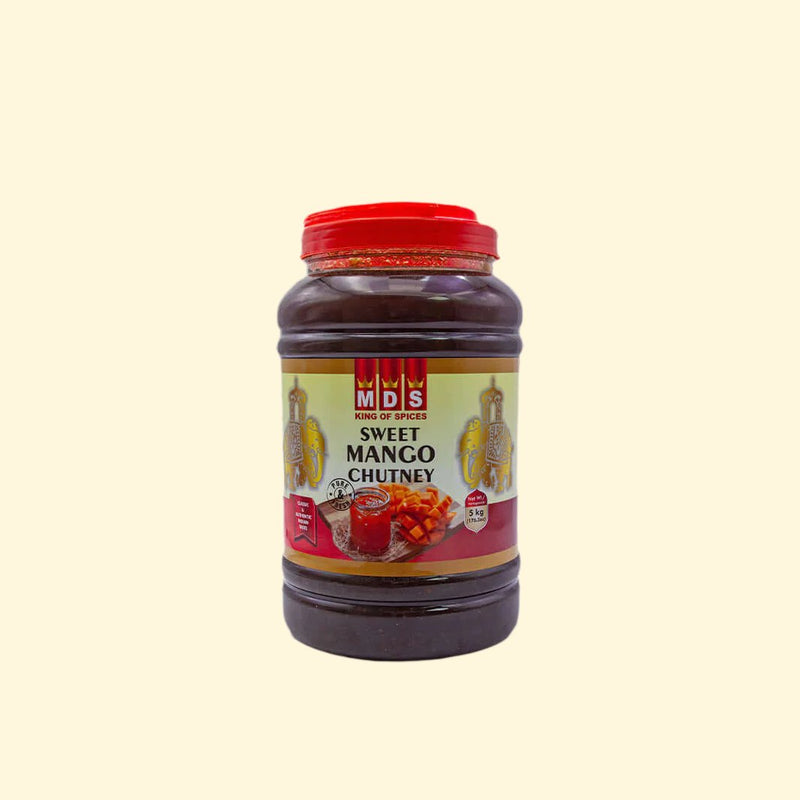 MDS Sweet Mango Chutney is a delicious condiment made with 100% natural ingredients. This 5 kg jar can be used to top dishes or provide a sweet and tangy flavor to your favorite recipes. Enjoy the delicious taste of mango in every bite.